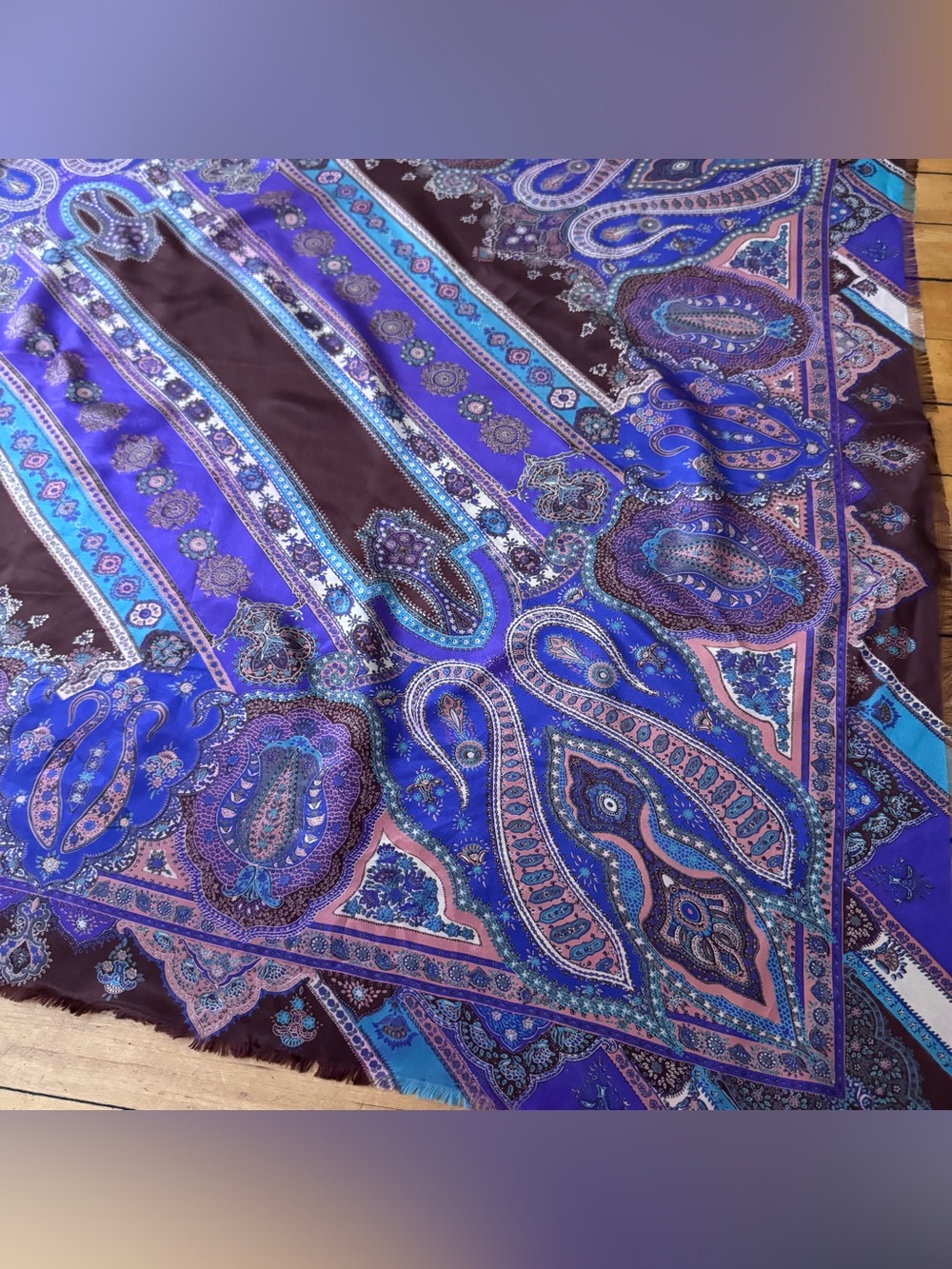 Large vintage square scarf purple blue brown abstract paisley with fringe vtg